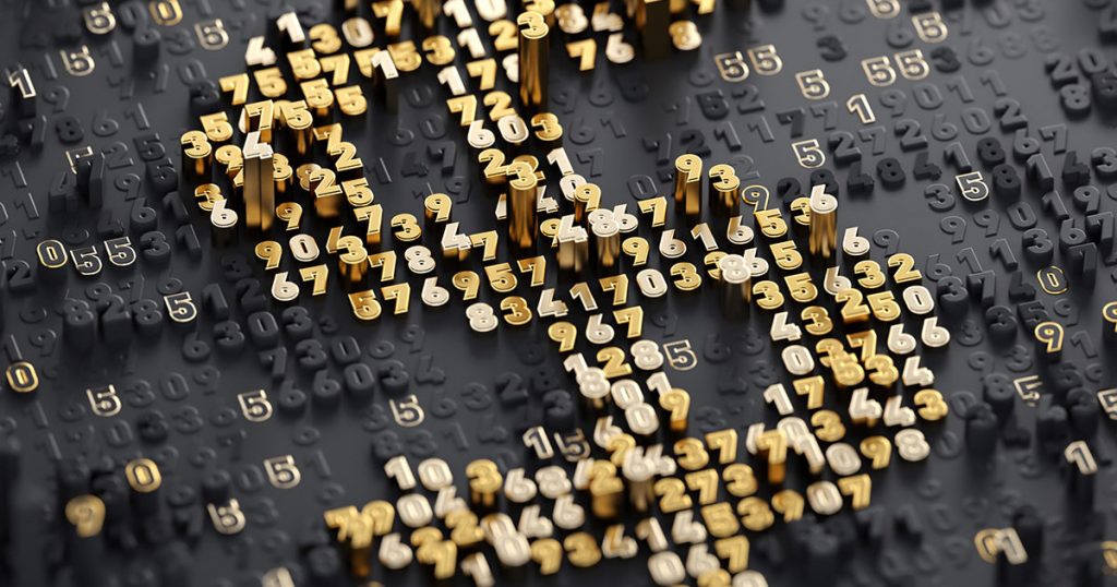 Creative visualization of the value of data. A dollar sign with silver and gold numbers.