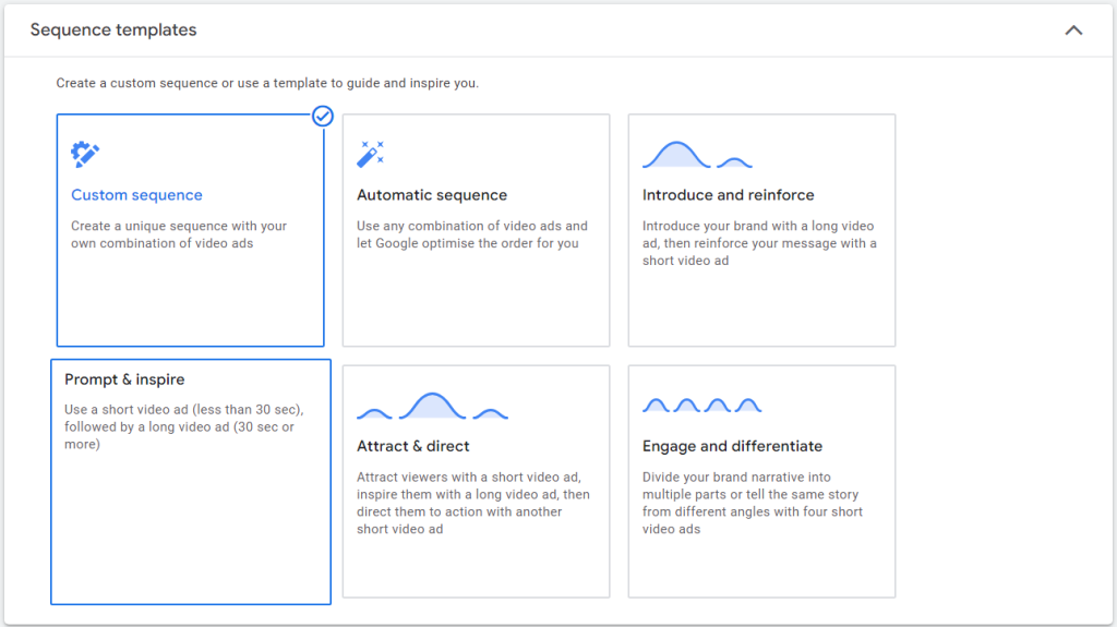 Google Ad Interface showing Sequence Templates for YouTube Ad Sequencing Campaigns